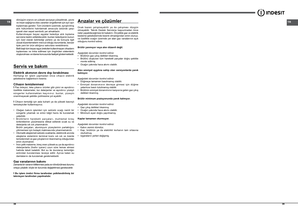 Servis ve bakım, Arızalar ve çözümler, Servis ve bakım,38 | Arızalar ve çözümler,38 | Indesit PIM-640-AS-(IX)-(EE) User Manual | Page 20 / 21