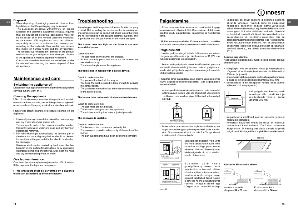 Maintenance and care, Troubleshooting, Paigaldamine | Maintenance and care,14, Troubleshooting,14, Paigaldamine,15 | Indesit PIM-640-AS-(IX)-(EE) User Manual | Page 8 / 21