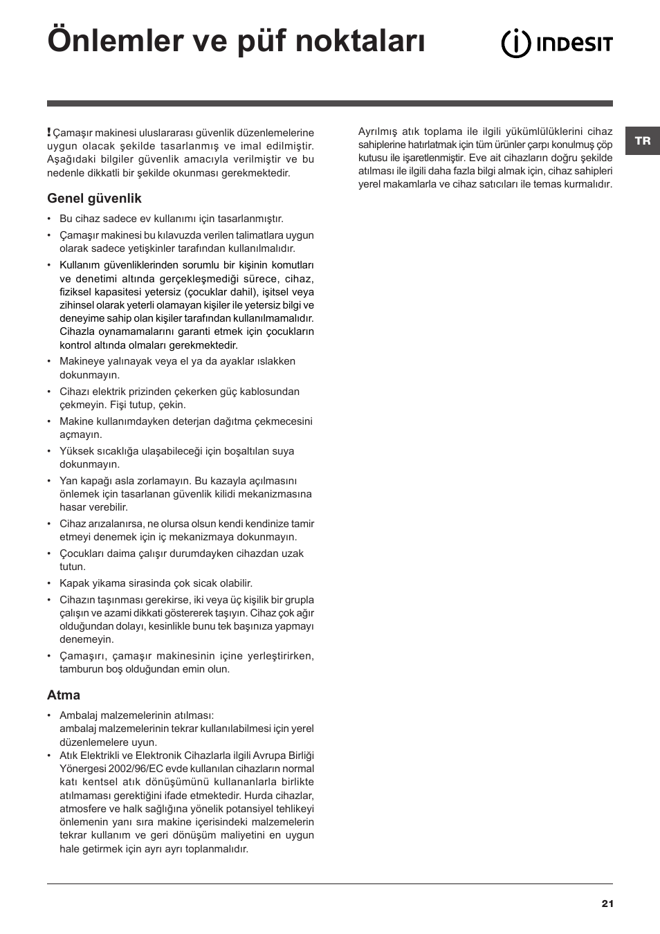 Önlemler ve püf noktaları | Indesit PWE-91273-S-(EU) User Manual | Page 21 / 48