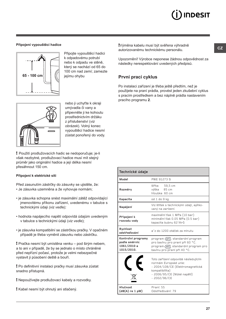 První prací cyklus | Indesit PWE-91273-S-(EU) User Manual | Page 27 / 48
