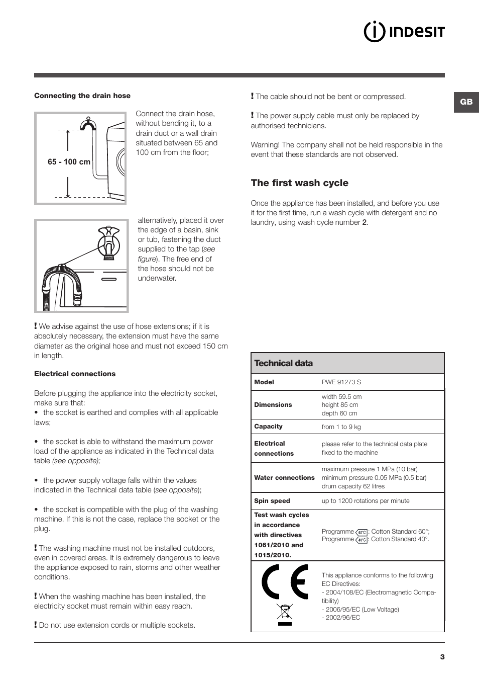 The first wash cycle | Indesit PWE-91273-S-(EU) User Manual | Page 3 / 48