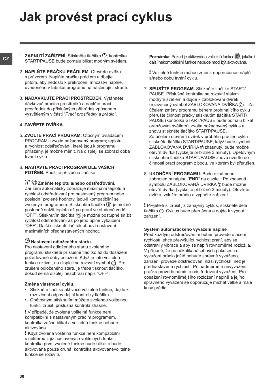 Jak provést prací cyklus | Indesit PWE-91273-S-(EU) User Manual | Page 30 / 48