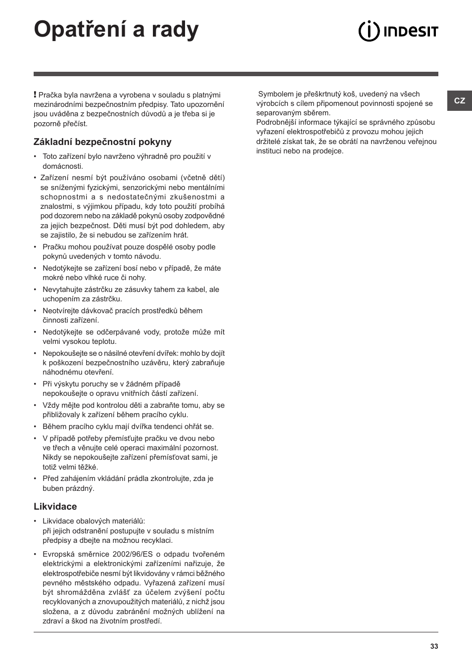 Opatření a rady | Indesit PWE-91273-S-(EU) User Manual | Page 33 / 48