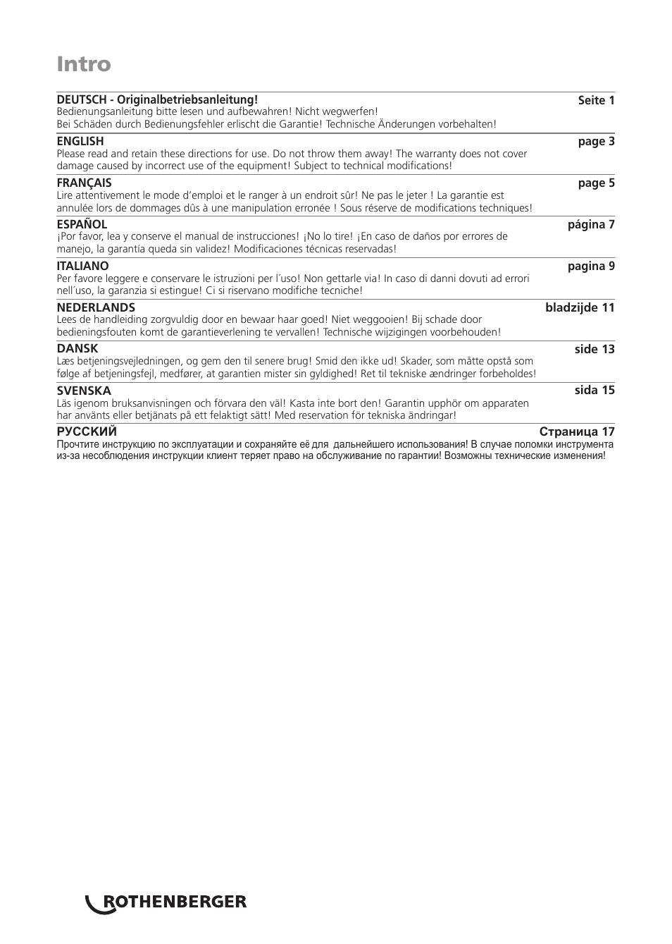Intro | ROTHENBERGER Schnellspannsäule User Manual | Page 2 / 24
