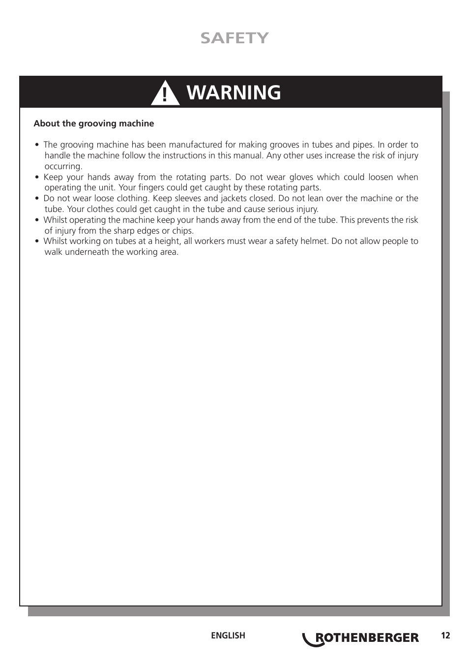 Warning, Safety | ROTHENBERGER Hand Roll Groover 1 - 12 User Manual | Page 12 / 60