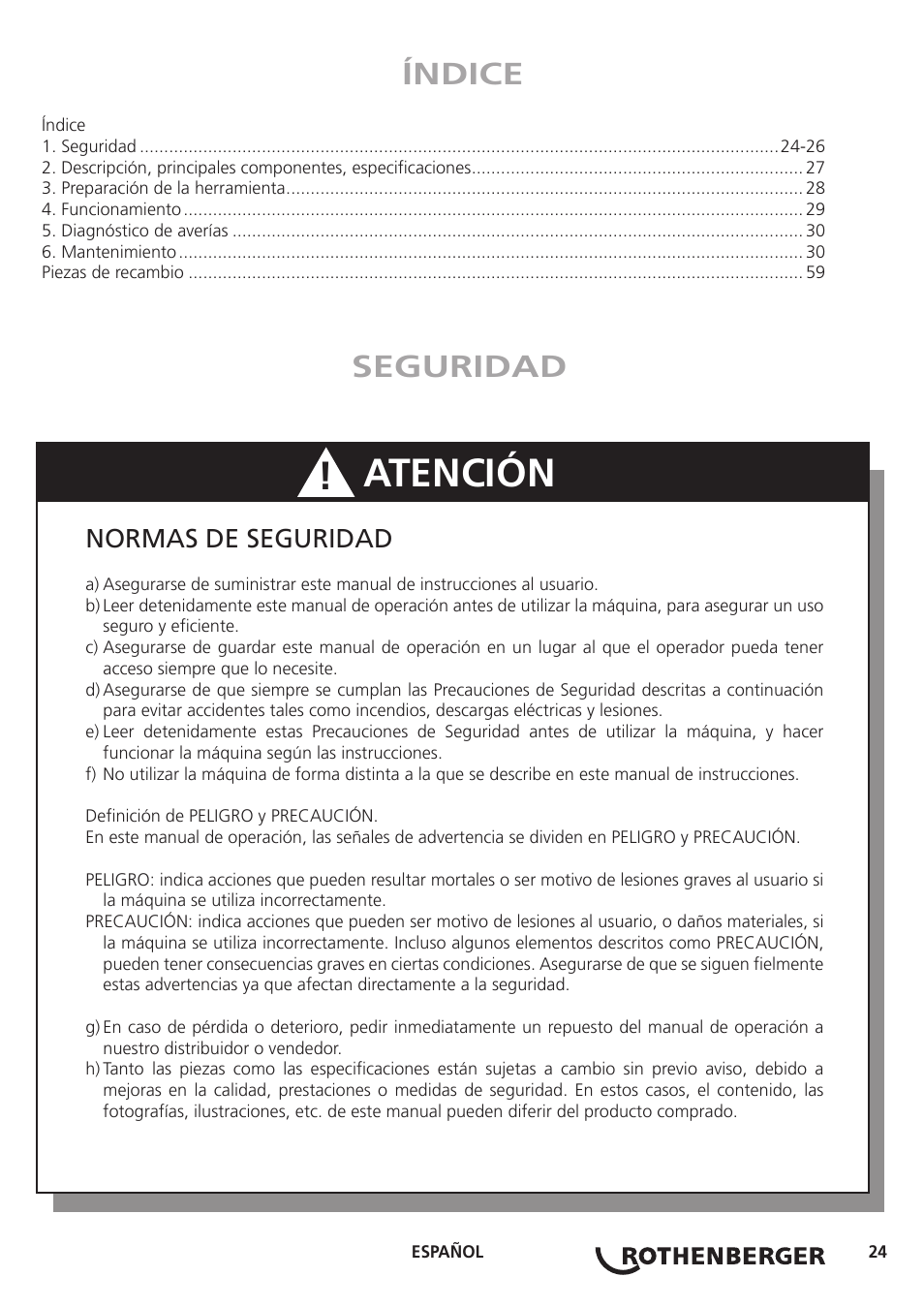 Atención, Índice, Seguridad | Normas de seguridad | ROTHENBERGER Hand Roll Groover 1 - 12 User Manual | Page 24 / 60