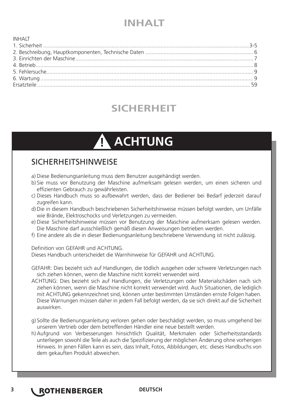 Achtung, Inhalt, Sicherheit | Sicherheitshinweise | ROTHENBERGER Hand Roll Groover 1 - 12 User Manual | Page 3 / 60