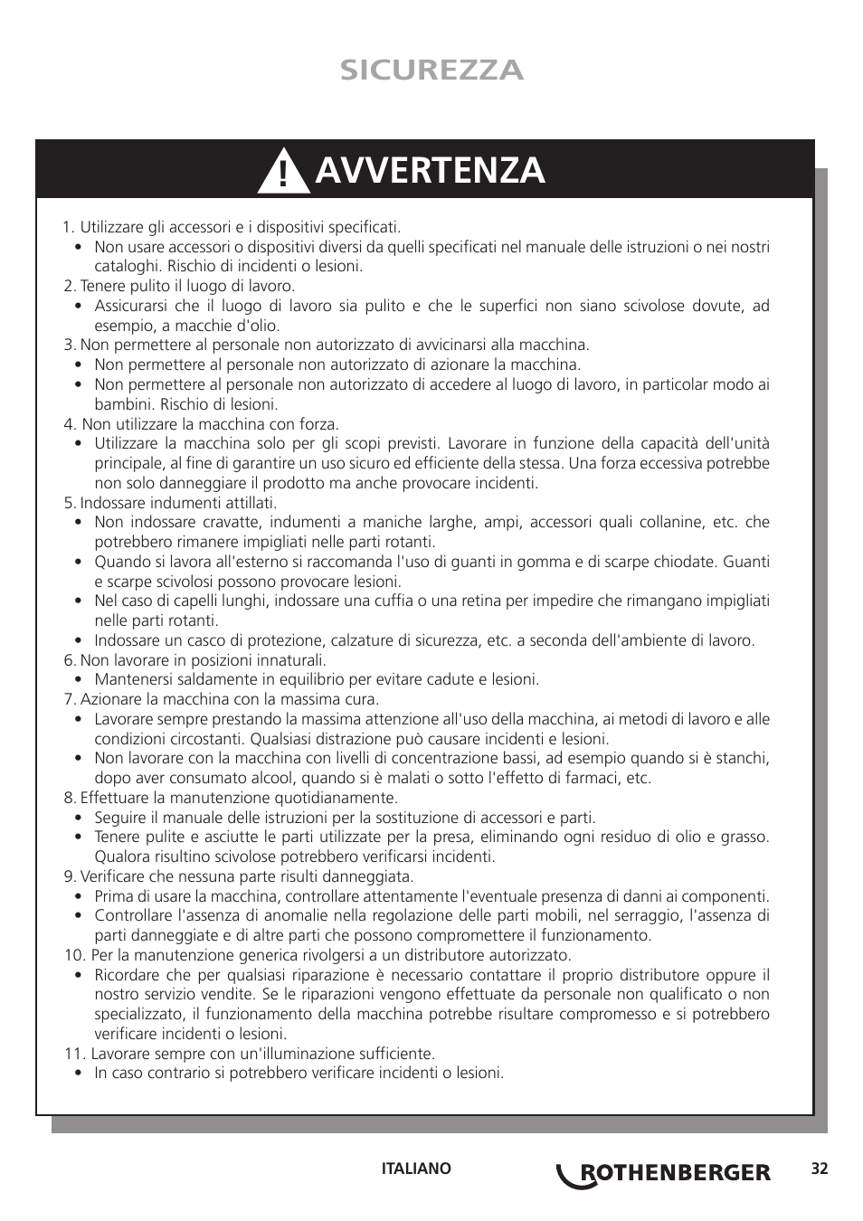 Avvertenza, Sicurezza | ROTHENBERGER Hand Roll Groover 1 - 12 User Manual | Page 32 / 60