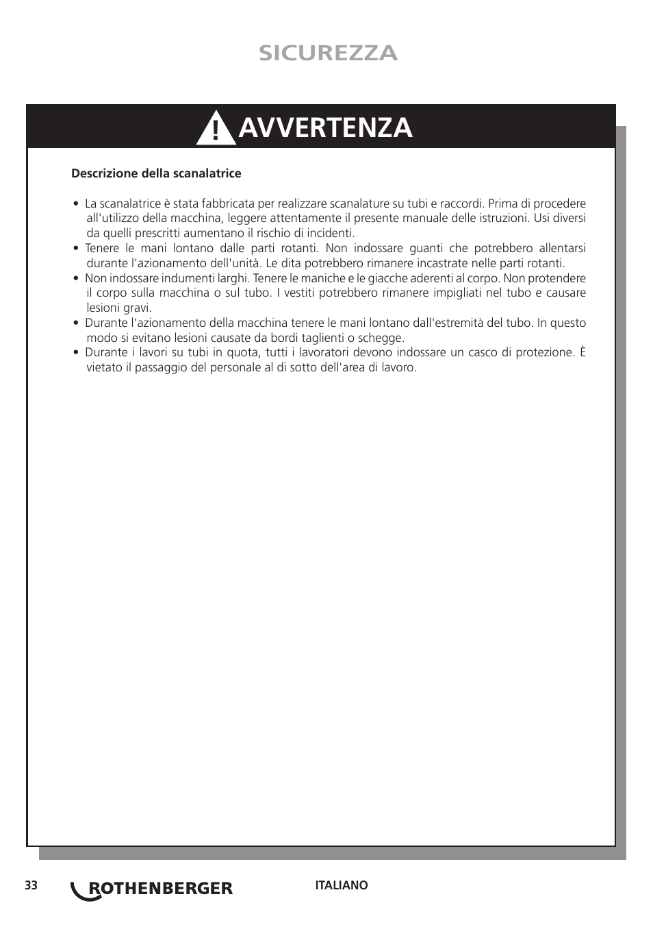 Avvertenza, Sicurezza | ROTHENBERGER Hand Roll Groover 1 - 12 User Manual | Page 33 / 60