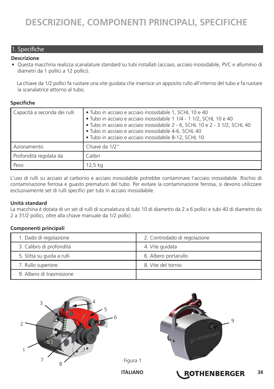 Descrizione, componenti principali, specifiche, Specifiche | ROTHENBERGER Hand Roll Groover 1 - 12 User Manual | Page 34 / 60