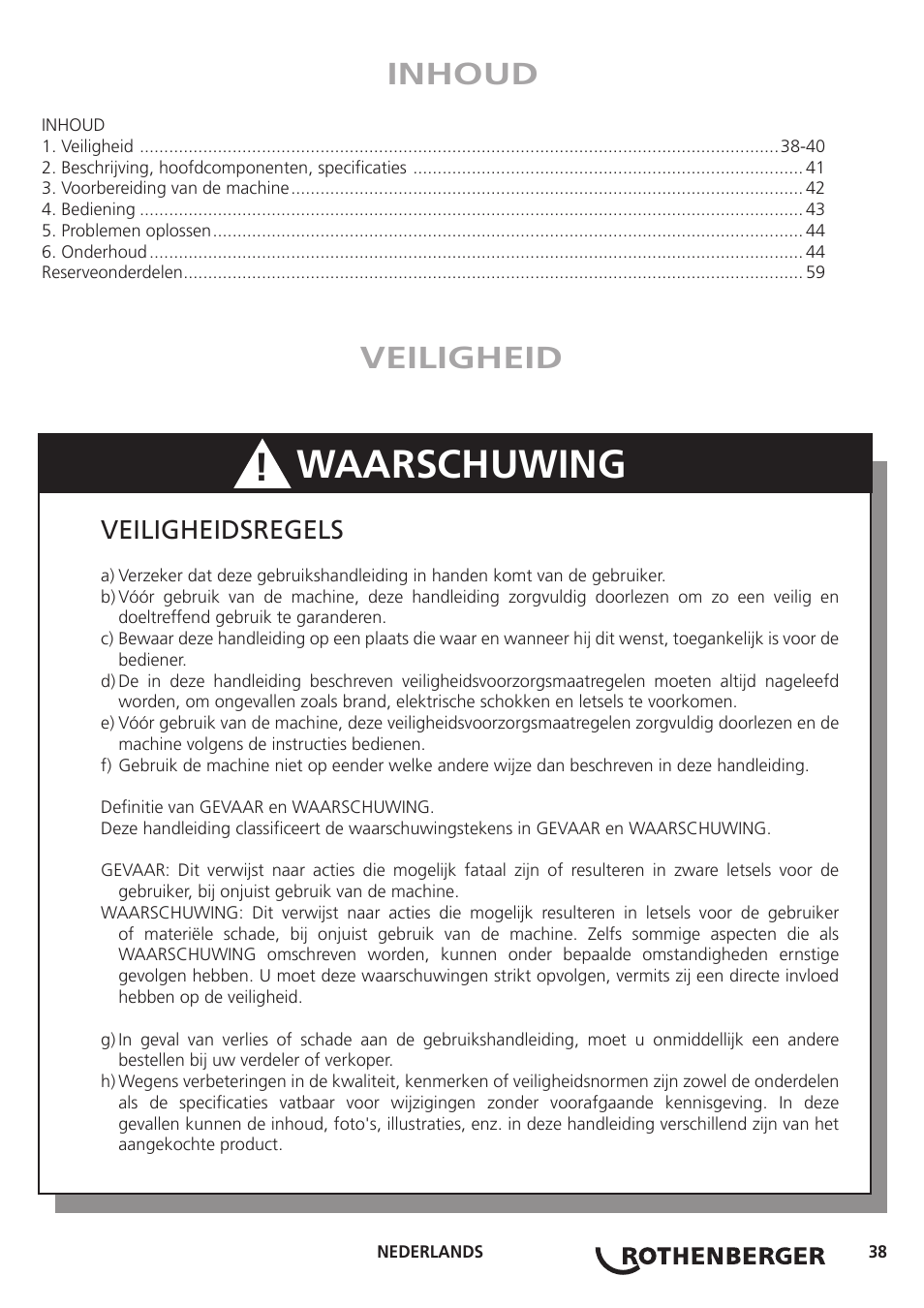 Waarschuwing, Inhoud, Veiligheid | Veiligheidsregels | ROTHENBERGER Hand Roll Groover 1 - 12 User Manual | Page 38 / 60