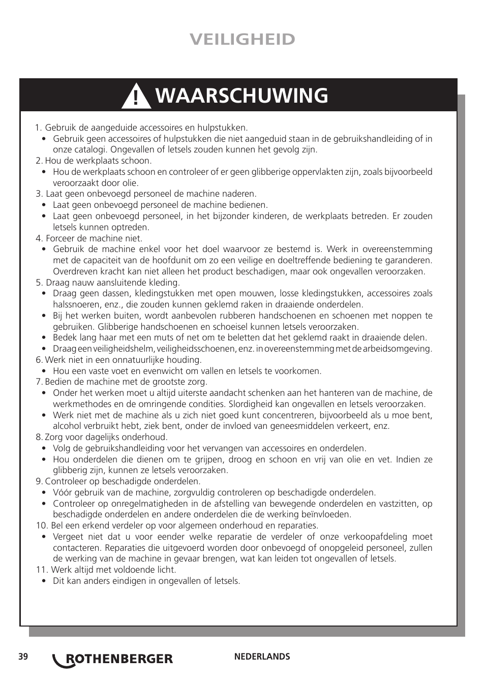 Waarschuwing, Veiligheid | ROTHENBERGER Hand Roll Groover 1 - 12 User Manual | Page 39 / 60
