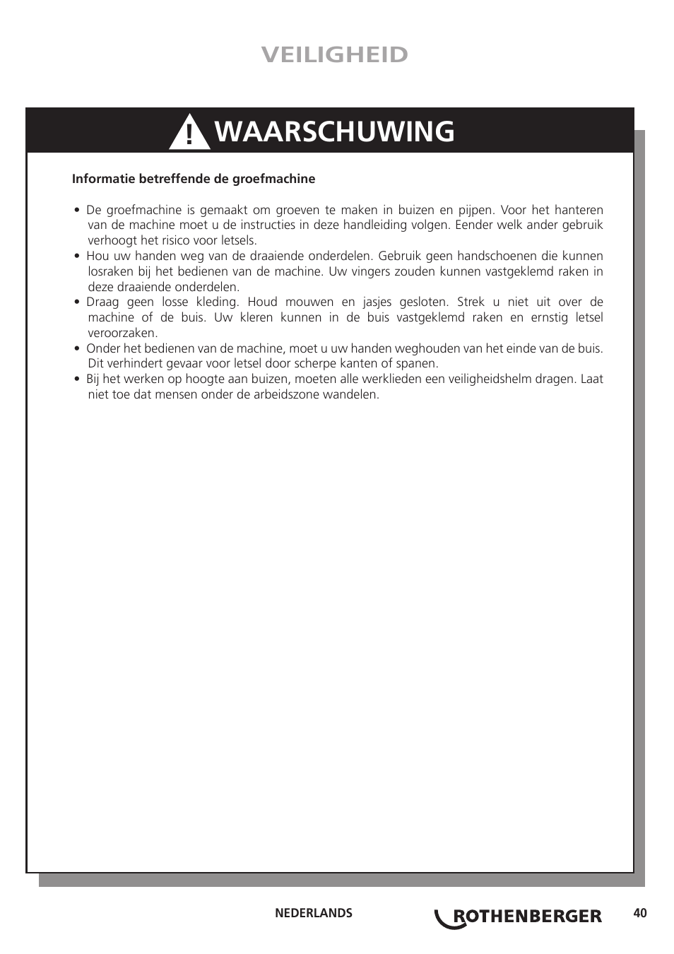 Waarschuwing, Veiligheid | ROTHENBERGER Hand Roll Groover 1 - 12 User Manual | Page 40 / 60