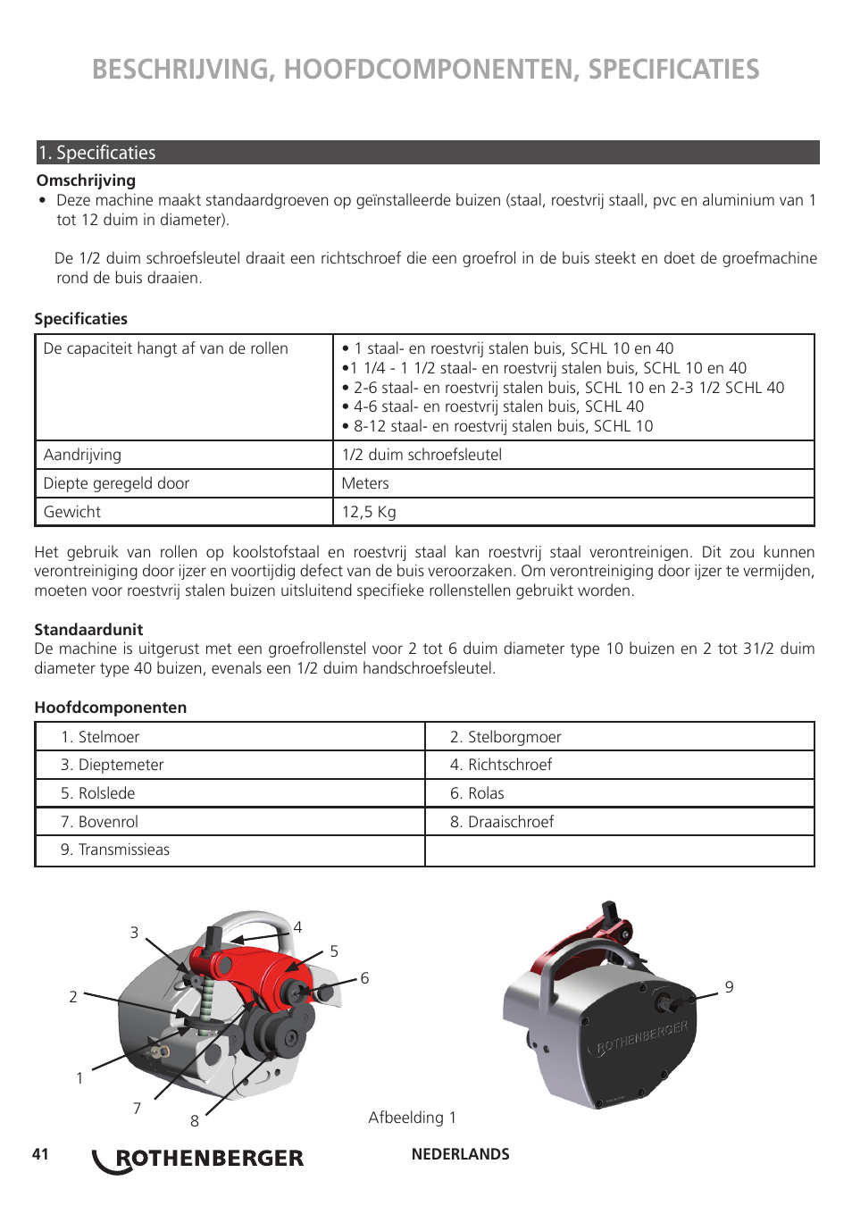 Beschrijving, hoofdcomponenten, specificaties, Specificaties | ROTHENBERGER Hand Roll Groover 1 - 12 User Manual | Page 41 / 60