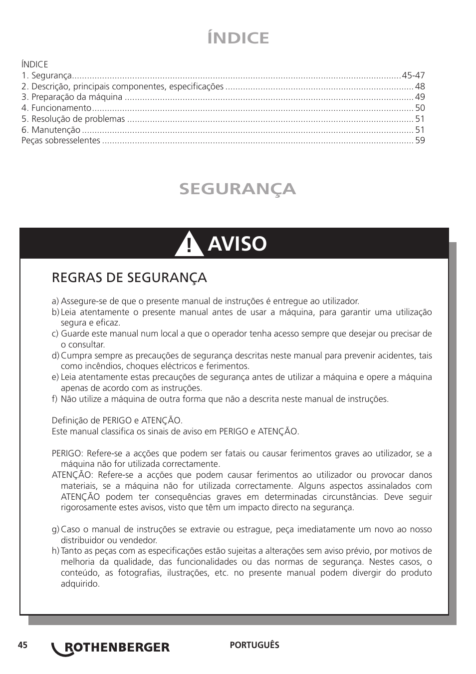 Aviso, Índice, Segurança | Regras de segurança | ROTHENBERGER Hand Roll Groover 1 - 12 User Manual | Page 45 / 60