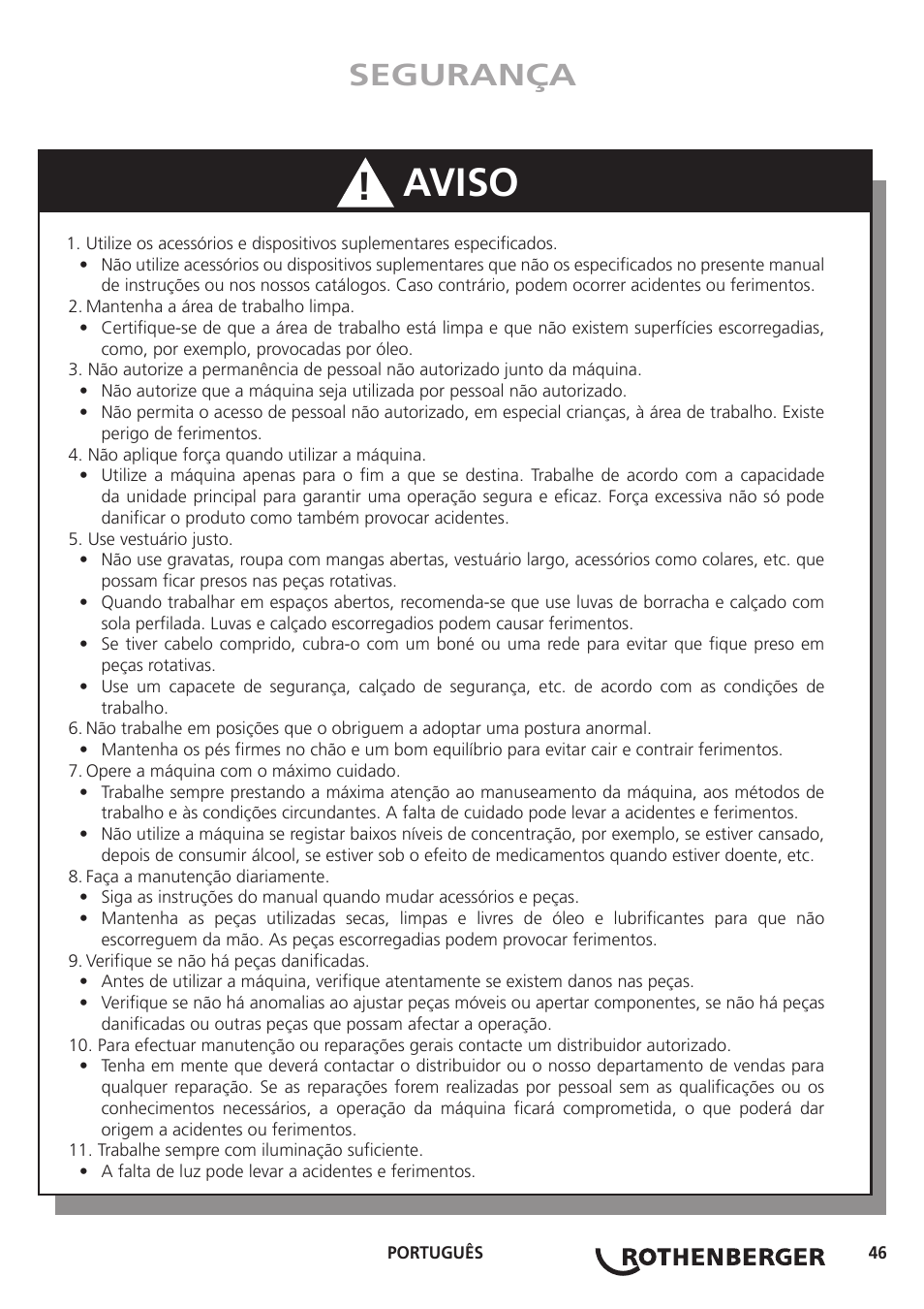 Aviso, Segurança | ROTHENBERGER Hand Roll Groover 1 - 12 User Manual | Page 46 / 60