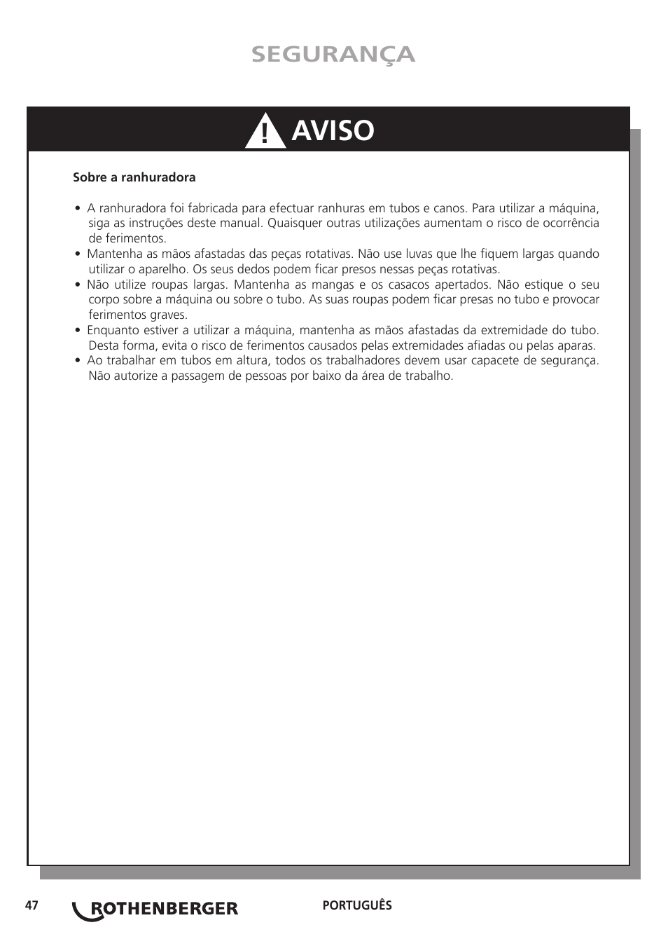 Aviso, Segurança | ROTHENBERGER Hand Roll Groover 1 - 12 User Manual | Page 47 / 60