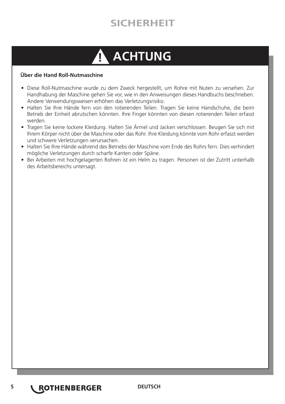 Achtung, Sicherheit | ROTHENBERGER Hand Roll Groover 1 - 12 User Manual | Page 5 / 60