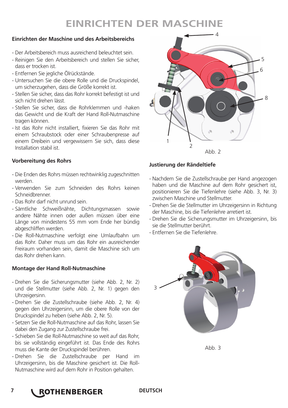 Einrichten der maschine | ROTHENBERGER Hand Roll Groover 1 - 12 User Manual | Page 7 / 60