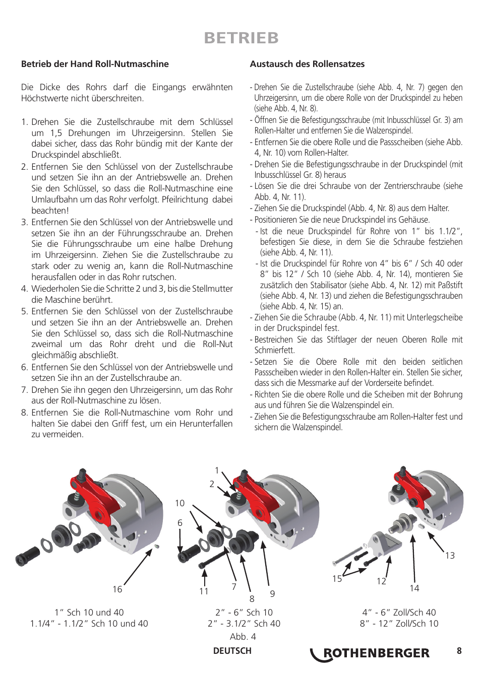 Betrieb | ROTHENBERGER Hand Roll Groover 1 - 12 User Manual | Page 8 / 60