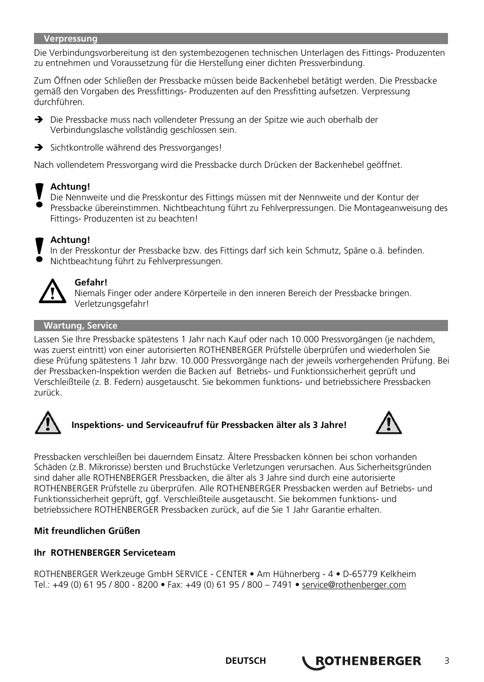 ROTHENBERGER Pressbacken Standard User Manual | Page 3 / 44