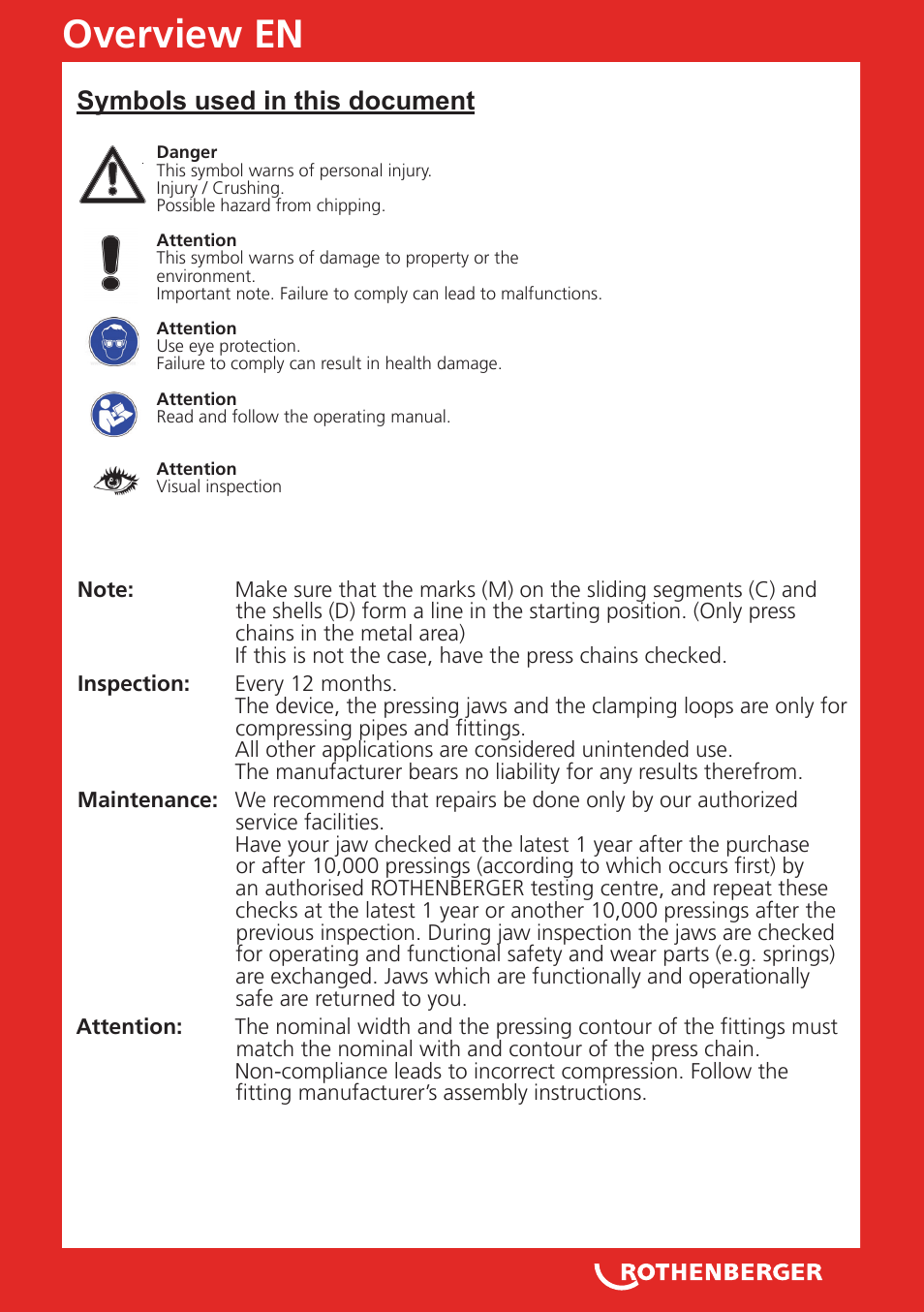 Overview en, Symbols used in this document | ROTHENBERGER Pressschlingen Standard User Manual | Page 5 / 24