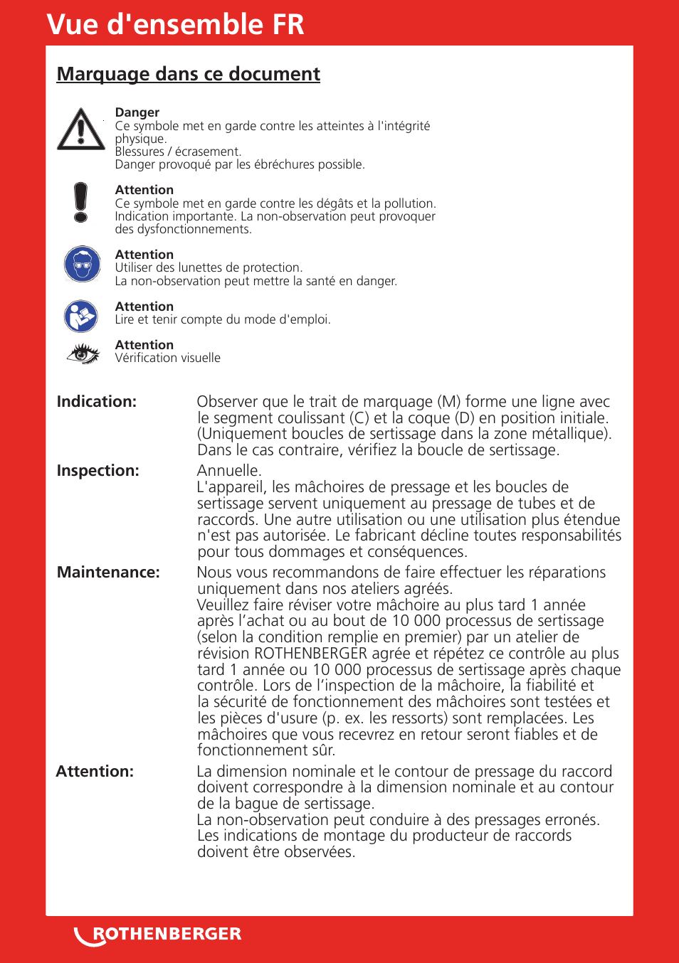 Vue d'ensemble fr, Marquage dans ce document | ROTHENBERGER Pressschlingen Standard User Manual | Page 6 / 24