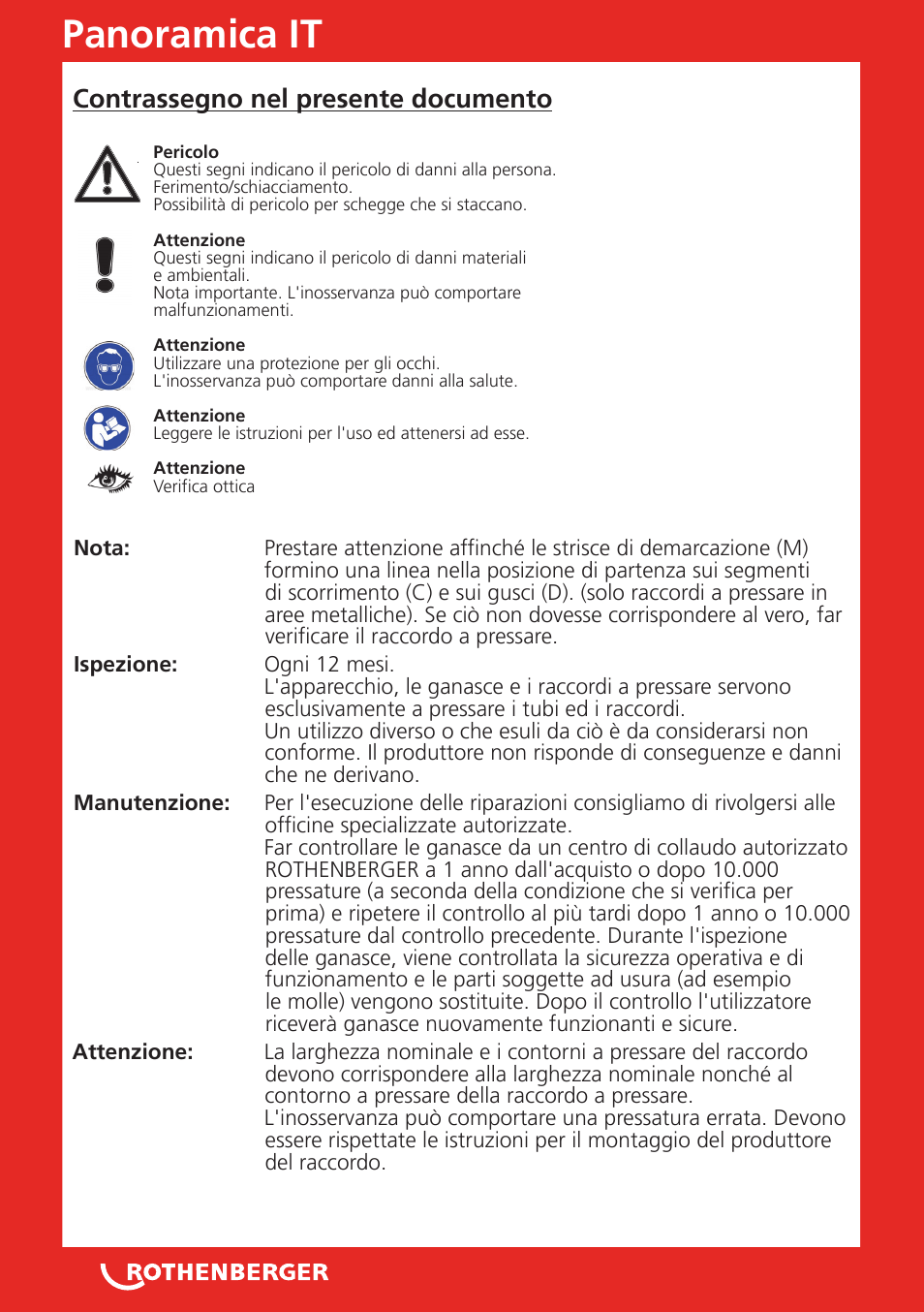 Panoramica it, Contrassegno nel presente documento | ROTHENBERGER Pressschlingen Standard User Manual | Page 8 / 24