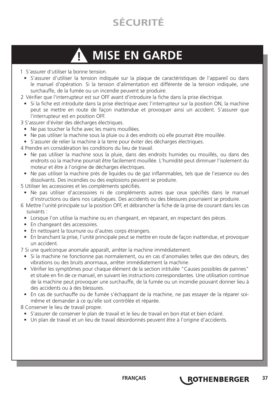 Mise en garde, Sécurité | ROTHENBERGER ROGROOVER 2 - 12 User Manual | Page 38 / 92