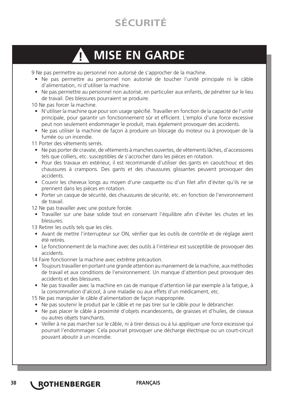 Mise en garde, Sécurité | ROTHENBERGER ROGROOVER 2 - 12 User Manual | Page 39 / 92