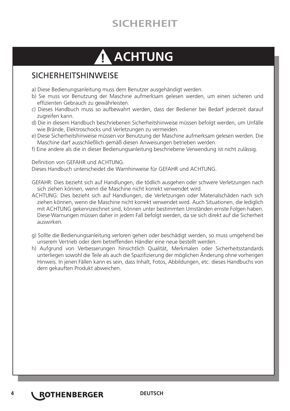 Achtung, Sicherheit, Sicherheitshinweise | ROTHENBERGER ROGROOVER 2 - 12 User Manual | Page 5 / 92