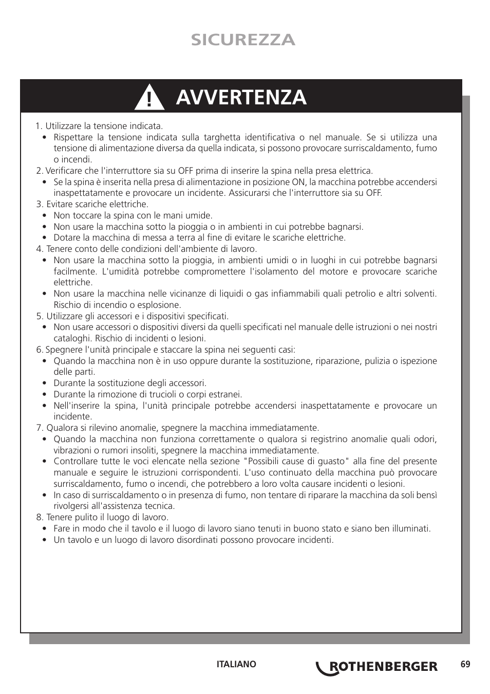 Avvertenza, Sicurezza | ROTHENBERGER ROGROOVER 2 - 12 User Manual | Page 70 / 92