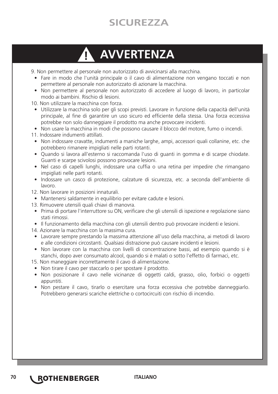 Avvertenza, Sicurezza | ROTHENBERGER ROGROOVER 2 - 12 User Manual | Page 71 / 92