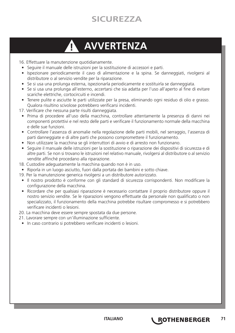 Avvertenza, Sicurezza | ROTHENBERGER ROGROOVER 2 - 12 User Manual | Page 72 / 92