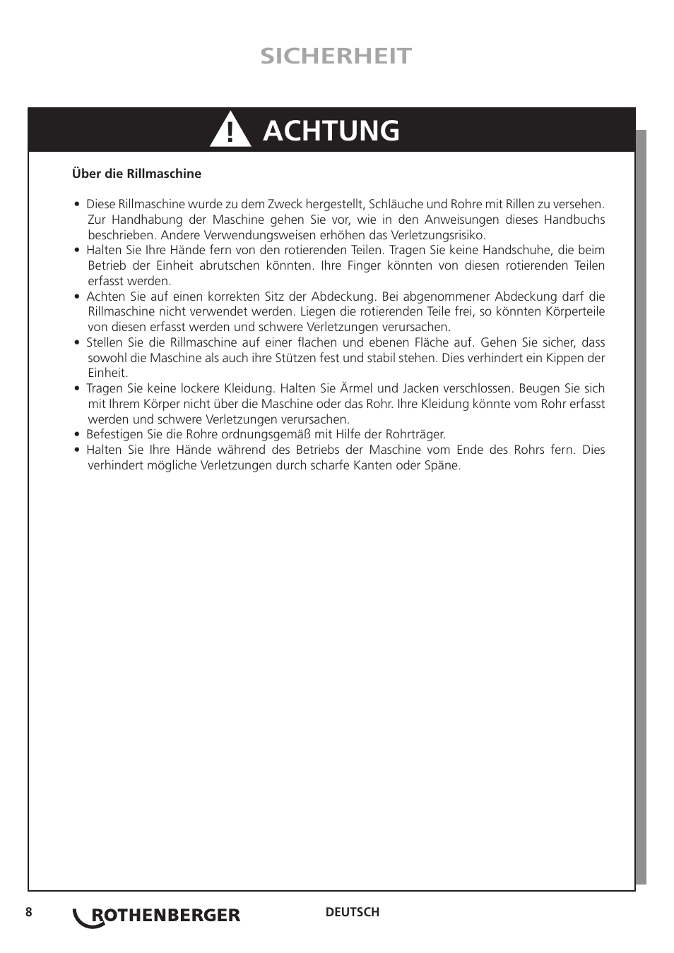 Achtung, Sicherheit | ROTHENBERGER ROGROOVER 2 - 12 User Manual | Page 9 / 92