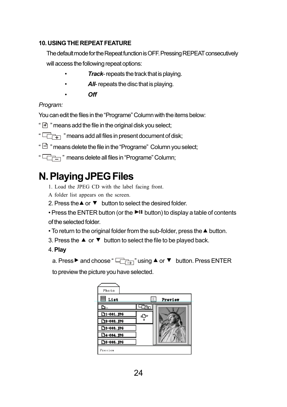 N. playing jpeg files | Audiovox FPE1078 User Manual | Page 24 / 35