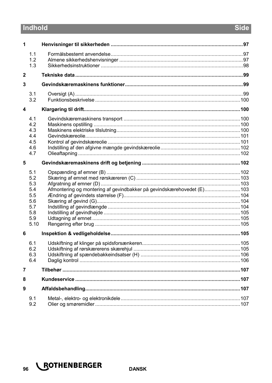 Ba_ropower 50 r_0814 da, Indhold side | ROTHENBERGER ROPOWER 50 R User Manual | Page 100 / 232