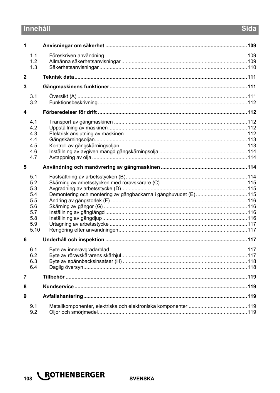 Ba_ropower 50 r_0814 sv, Innehåll sida | ROTHENBERGER ROPOWER 50 R User Manual | Page 112 / 232