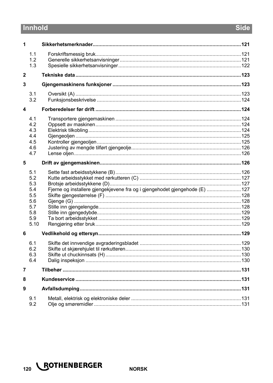 Ba_ropower 50 r_0814 no, Innhold side | ROTHENBERGER ROPOWER 50 R User Manual | Page 124 / 232