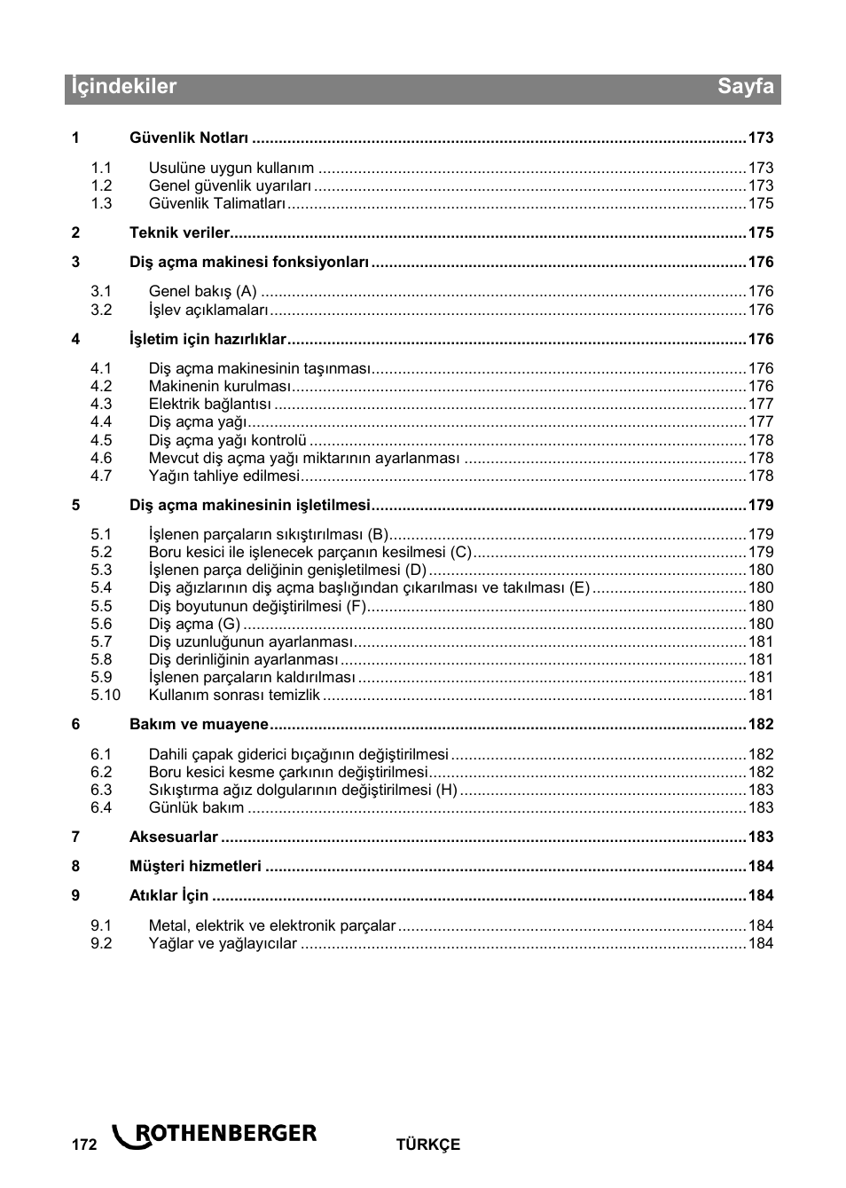 Ba_ropower 50 r_0814 tr, Içindekiler sayfa | ROTHENBERGER ROPOWER 50 R User Manual | Page 176 / 232