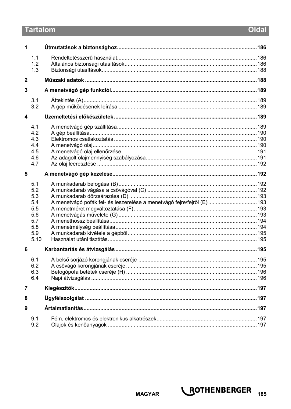 Ba_ropower 50 r_0814 hu, Tartalom oldal | ROTHENBERGER ROPOWER 50 R User Manual | Page 189 / 232