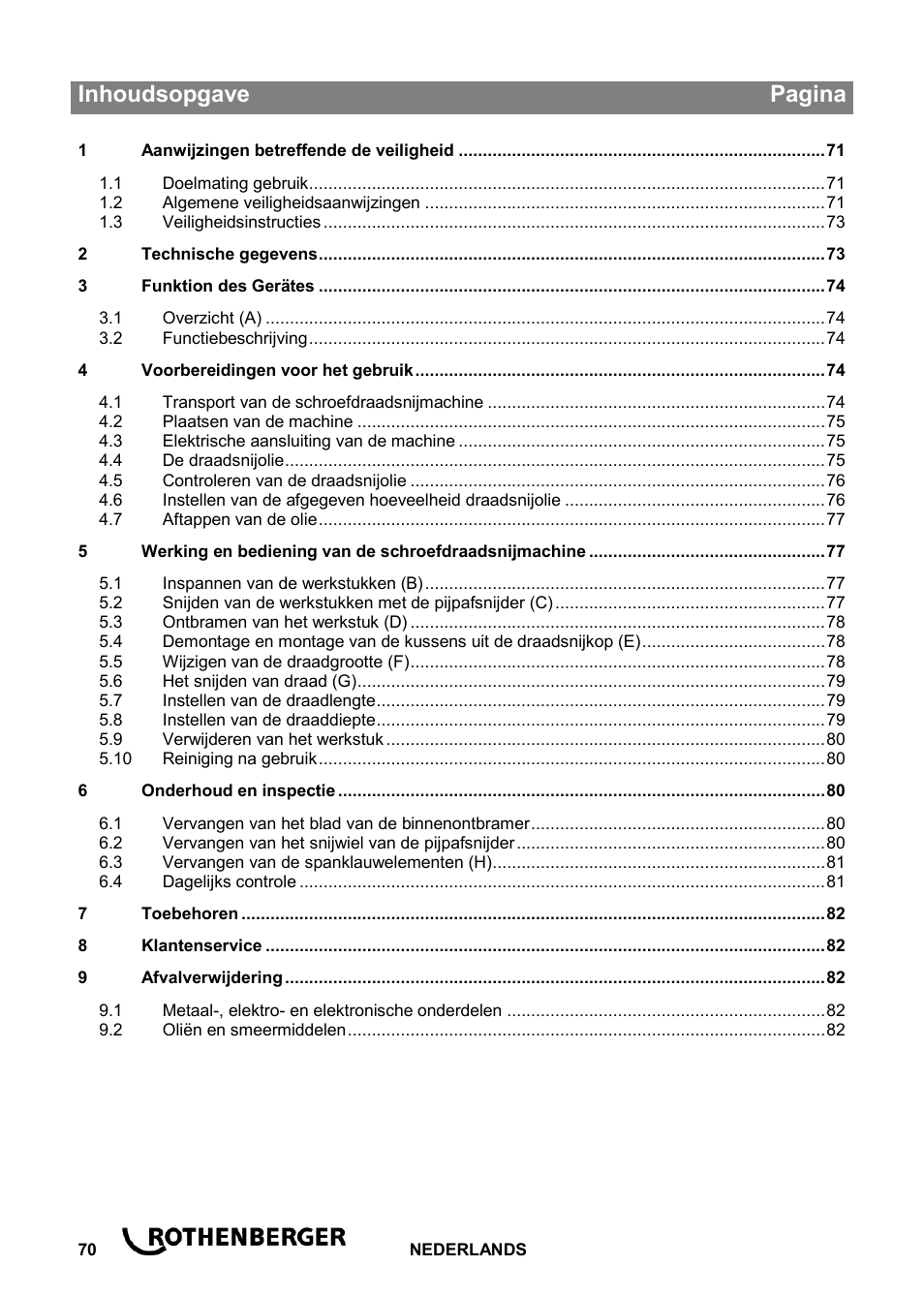 Ba_ropower 50 r_0814 nl, Inhoudsopgave pagina | ROTHENBERGER ROPOWER 50 R User Manual | Page 74 / 232