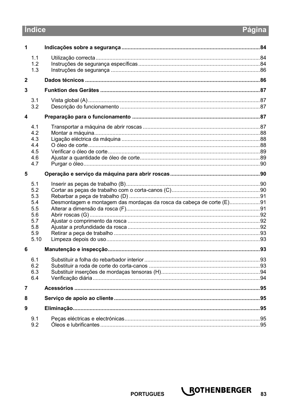 Ba_ropower 50 r_0814 pt, Índice página | ROTHENBERGER ROPOWER 50 R User Manual | Page 87 / 232