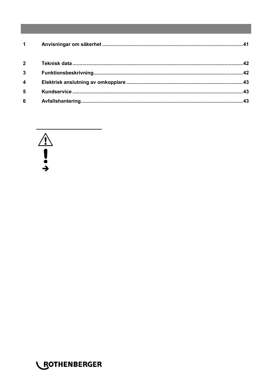 Ba_sicherheits-fußschalter_0514 sv, Innehåll sida | ROTHENBERGER Sicherheitsfußschalter User Manual | Page 42 / 84