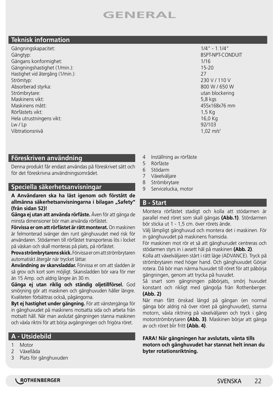 General, Teknisk information, Föreskriven användning | Speciella säkerhetsanvisningar, A - utsidebild, 22 svenska, B - start | ROTHENBERGER SUPERTRONIC 1250 User Manual | Page 22 / 72