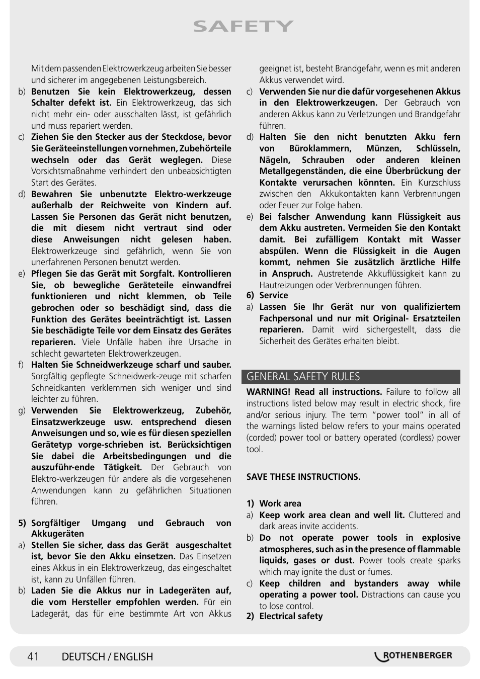 Safety, Deutsch / english, General safety rules | ROTHENBERGER SUPERTRONIC 1250 User Manual | Page 41 / 72