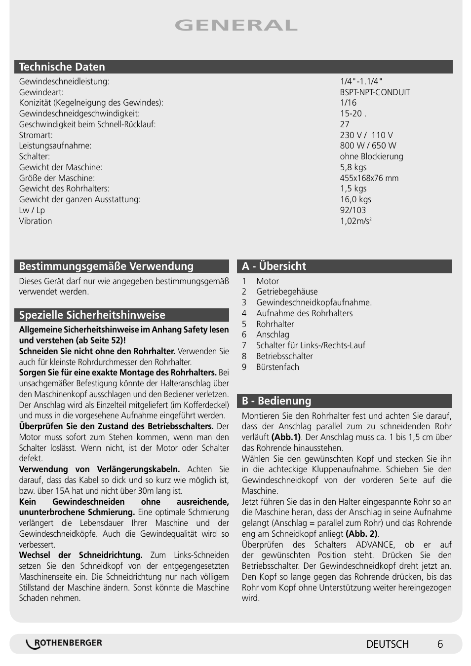 General, Technische daten, Bestimmungsgemäße verwendung | Spezielle sicherheitshinweise, 6deutsch a - übersicht, B - bedienung | ROTHENBERGER SUPERTRONIC 1250 User Manual | Page 6 / 72