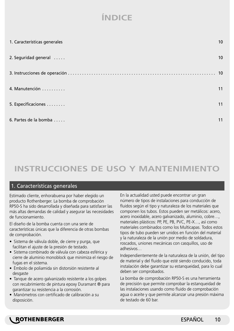Instrucciones de uso y mantenimiento índice | ROTHENBERGER RP 50-S/RP 50-S INOX User Manual | Page 10 / 24