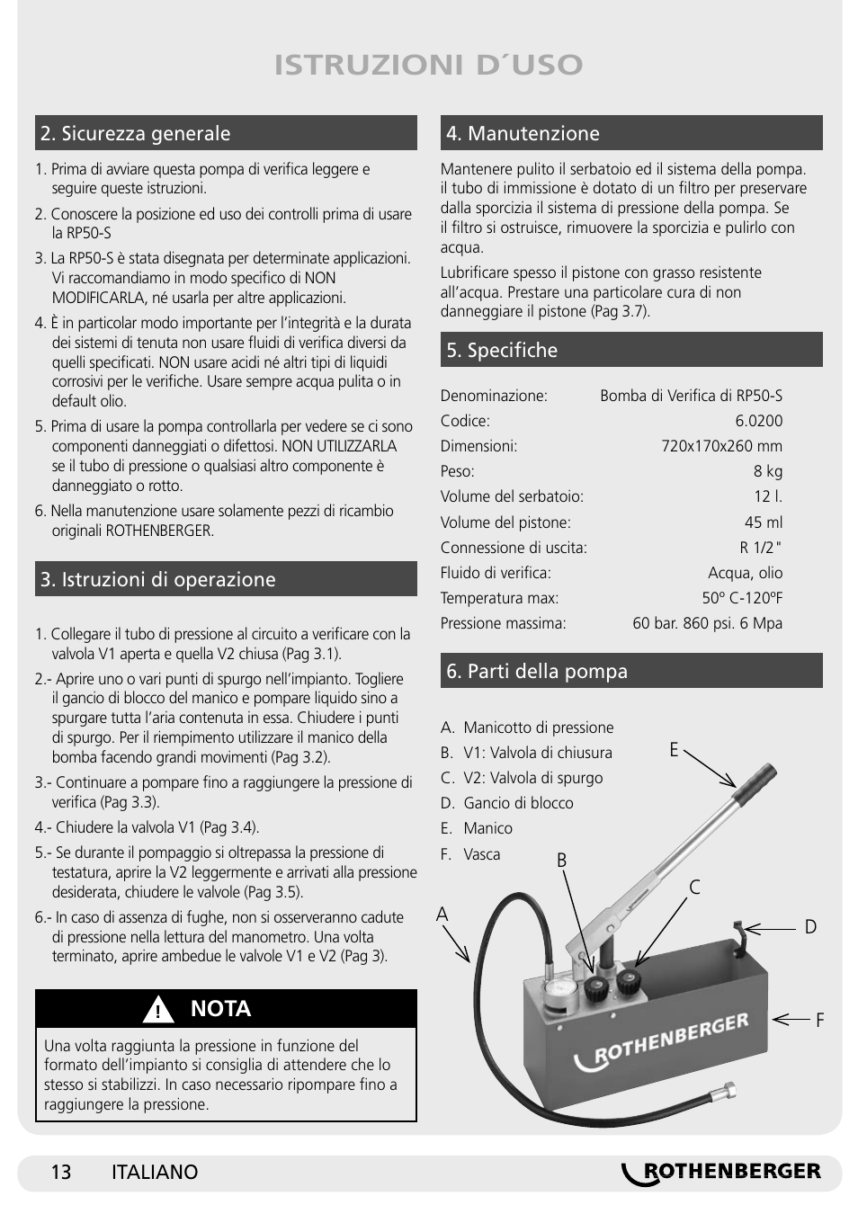 Istruzioni d´uso, Nota | ROTHENBERGER RP 50-S/RP 50-S INOX User Manual | Page 13 / 24