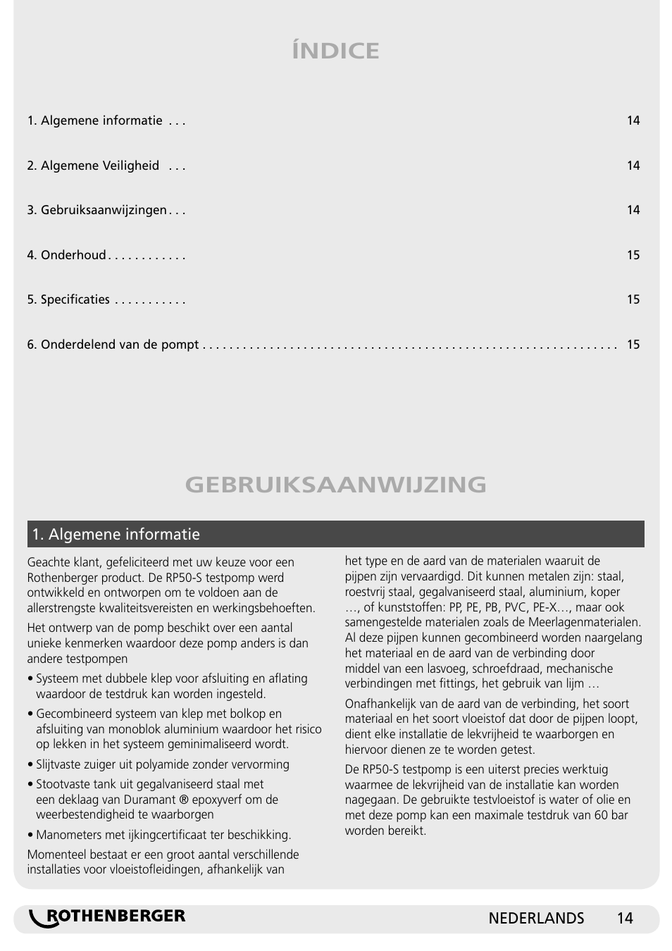 Gebruiksaanwijzing índice | ROTHENBERGER RP 50-S/RP 50-S INOX User Manual | Page 14 / 24